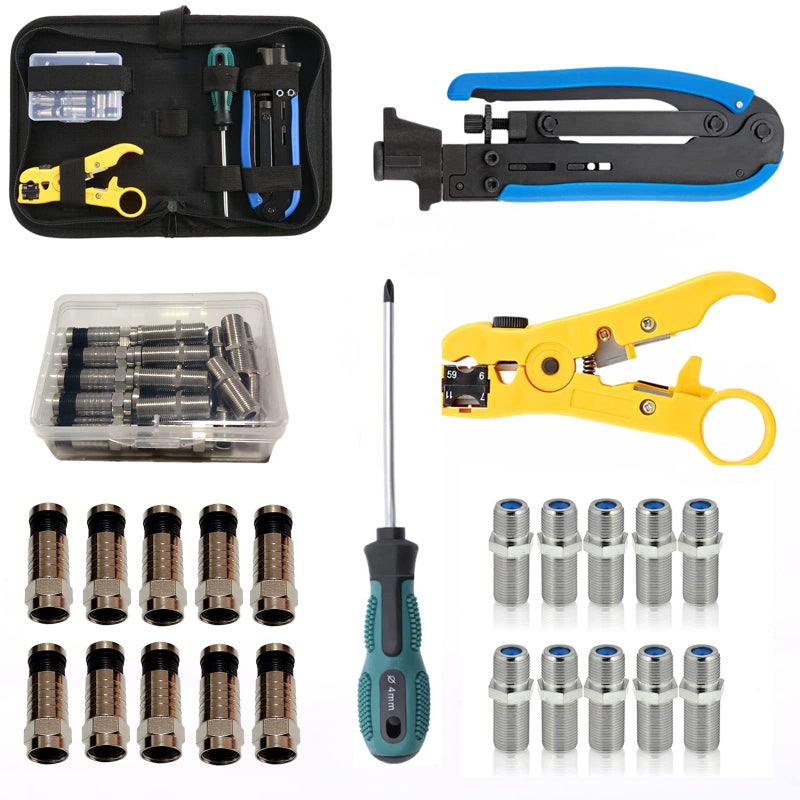 Gaobige Coax Cable Crimper Tool Kit, Coaxial Compression Tool for rg6 rg59 rg11 with 1 Wire Stripper, 10pcs F Male rg6 Connectors And 10pcs Female to Female rg6 Connectors, 1 Screwdriver - Image 1